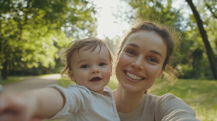 Smiling Mother and Baby Taking a Selfie Outdoors in Nature