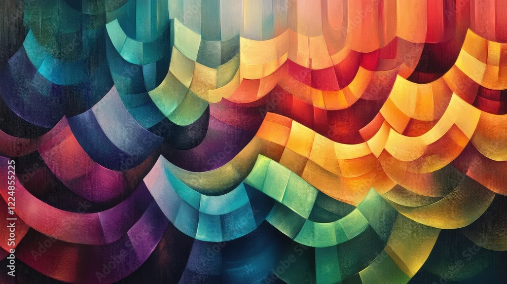Poster a wave-like pattern of colorful cubes, flowing and dynamic, with soft lighting