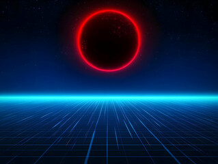 Red Planet Hangs Over a Futuristic Grid Landscape Under a Starry Night Sky