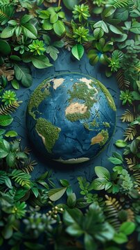 Creative concept depicting the Earth as a richly textured globe surrounded by lush green foliage on a dark background.
