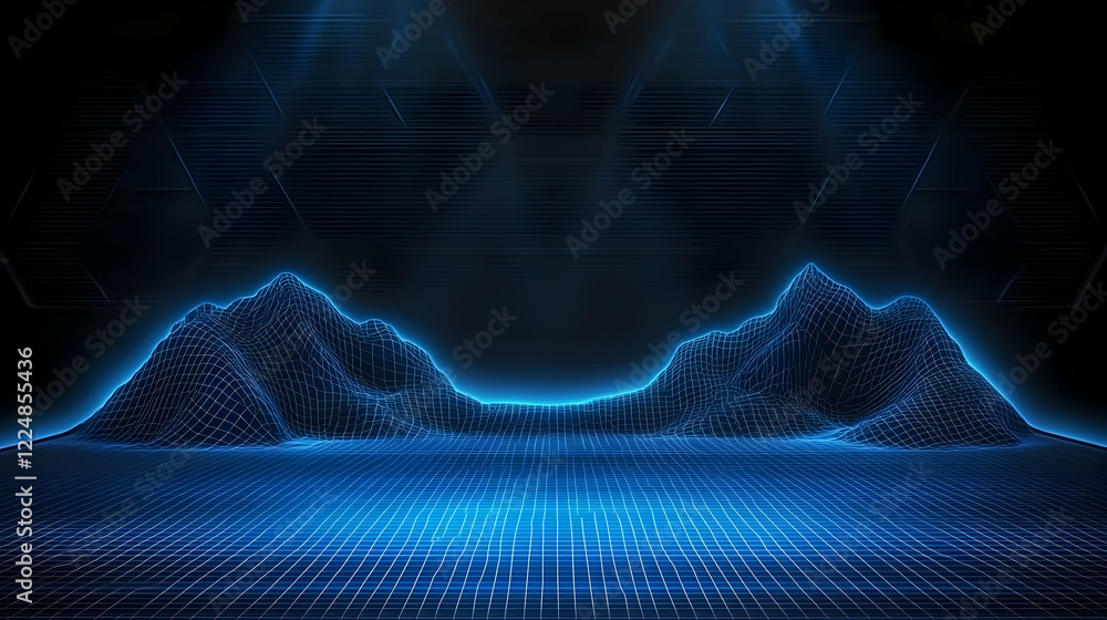 Poster abstract 3d wireframe landscape glowing blue on a dark background with grid pattern