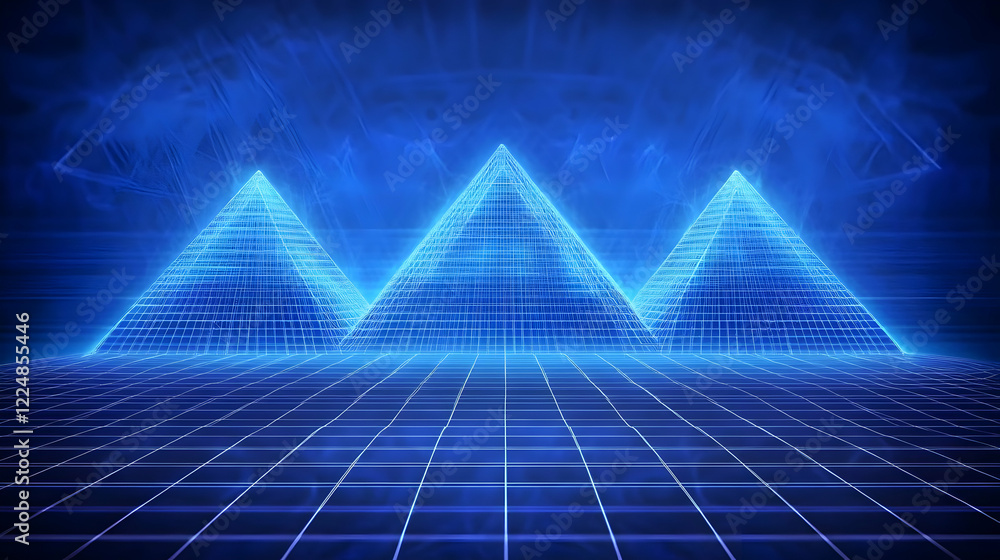 Poster three wireframe pyramids stand on a gridded surface in a blue abstract background