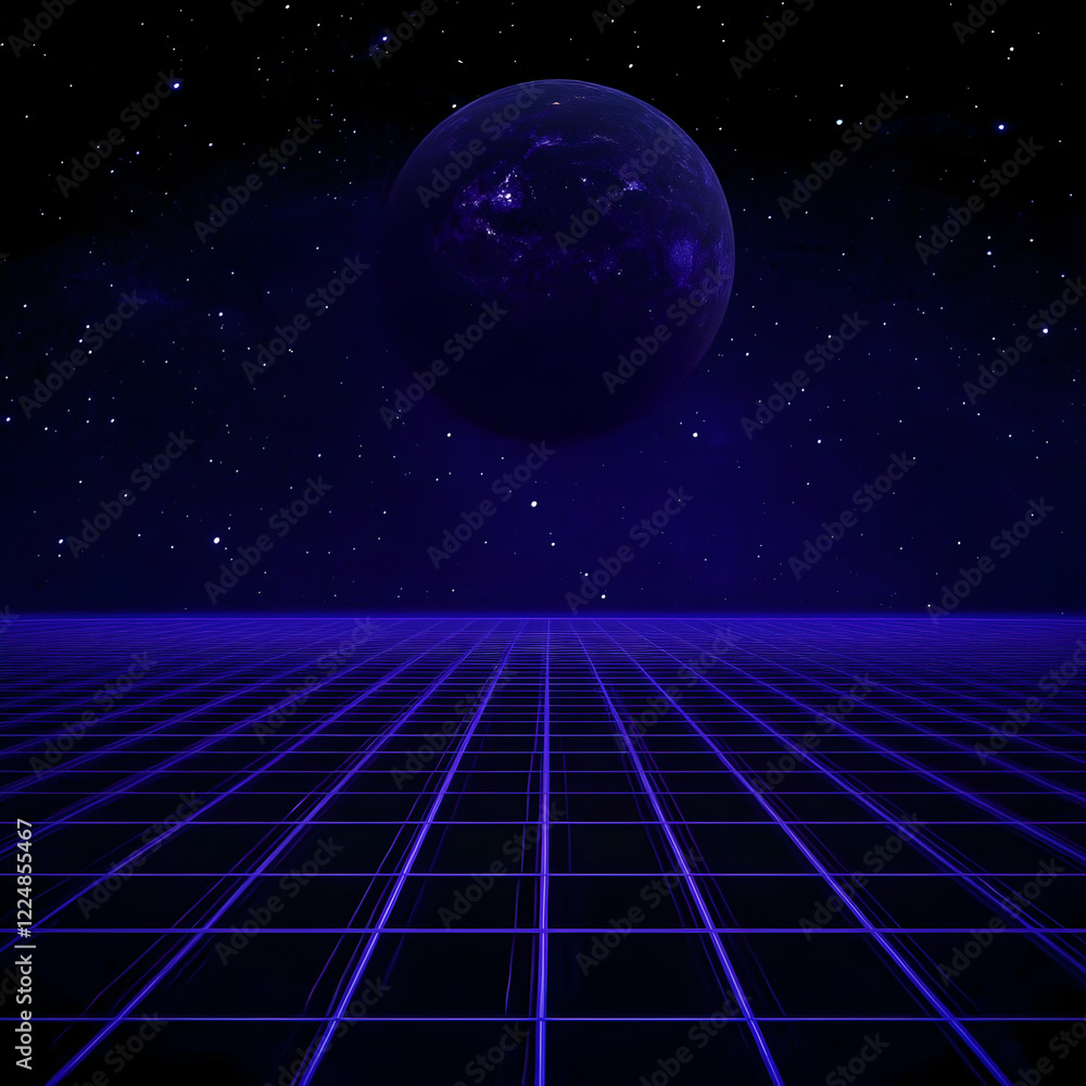 Poster abstract background planet with grid and stars creates a retro futuristic scene