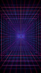 Abstract 3D Illustration of Neon Grid Tunnel Creates Futuristic Perspective into Infinity