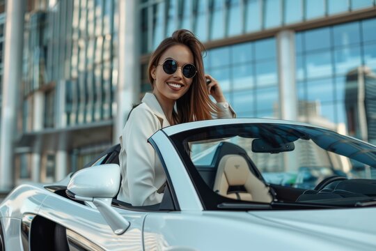 Una donna imprenditrice a bordo di un'auto sportiva di lusso, in piedi davanti a un imponente edificio aziendale, con un sorriso determinato e uno smartphone in mano