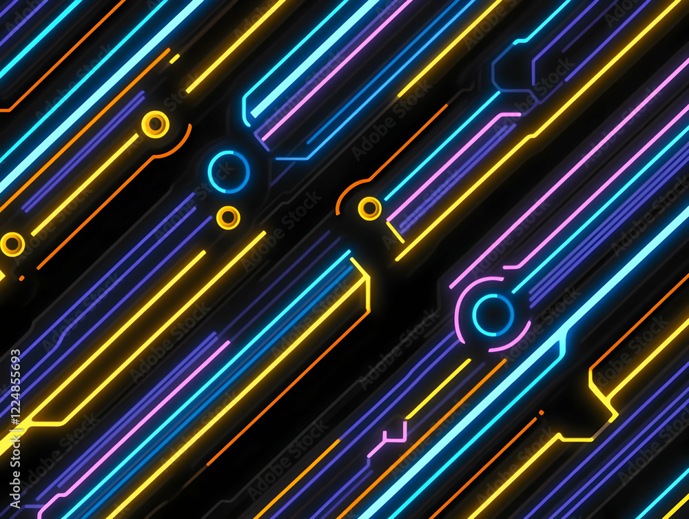 Poster diagonal neon lights form a futuristic circuit board design on a dark background