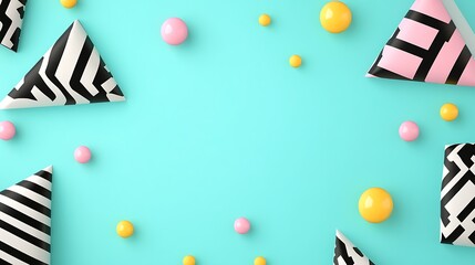Obraz premium Colorful Party Elements on Vibrant Blue Background with Geometric Shapes and Playful Decorations