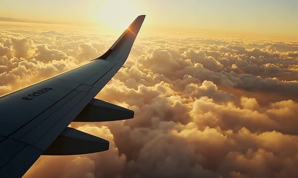 A large airplane is soaring through a cloudy sky, with the sun peeking through the clouds. The plane is positioned on the wing, and the view from the cockpit is breathtaking. The clouds are fluffy