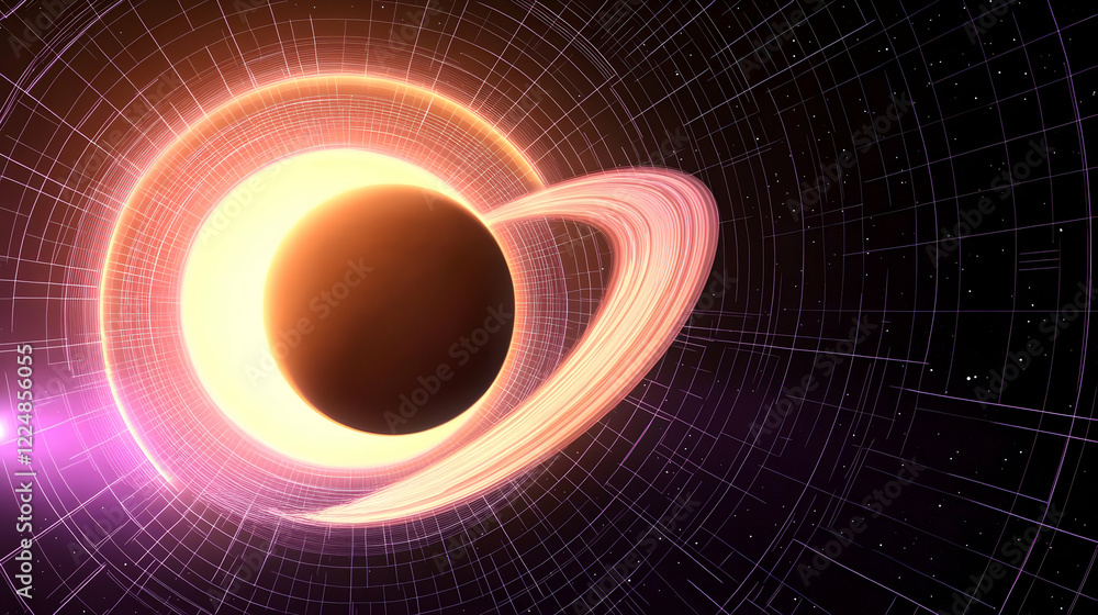 Poster glowing planet with rings orbits a bright light source in gridded space