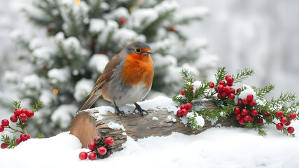 A BEAUTIFUL CHRISTMAS ROBIN SITTING ON A LOG COVERED IN SNOW  AND A LARGE CHRISTMAS TREE IN THE BACKGROUND AND LOTS OF HOLLY AND FERNS AND BERRIES