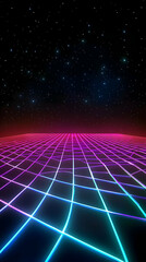 Retro Futuristic Neon Grid Landscape Extends Under a Starry Night Sky Beautifully