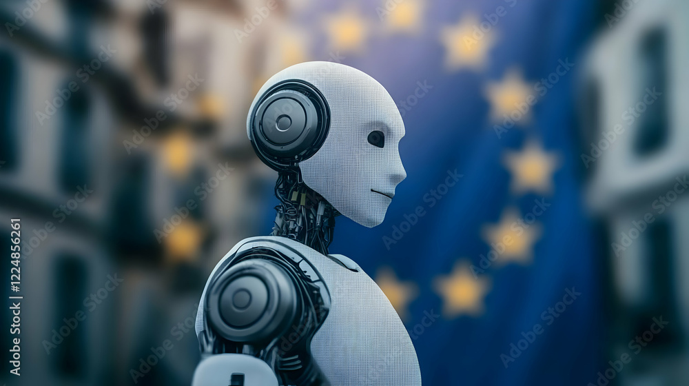 Aufkleber 3d robot stands in profile with blurred eu flag background symbolizing european ai technology