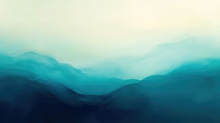 Fototapeta premium Serene Abstract Landscape with Soft Color Gradients and Flowing Mountain Silhouettes in Tranquil Blue and Green Tones Under a Light Sky