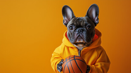 French Bulldog wearing a basketball uniform is cute and energetic.