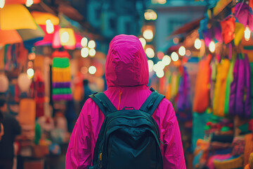 Person in a pink hoodie walking through a vibrant market, surrounded by colorful stalls.