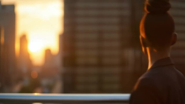 Back view of a businesswoman standing outdoors at golden hour