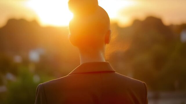 Back view of a businesswoman standing outdoors at golden hour
