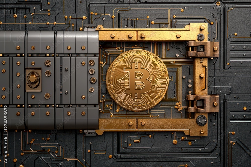 Poster secure bitcoin cryptocurrency digital gold vault cybersecurity blockchain technology concept