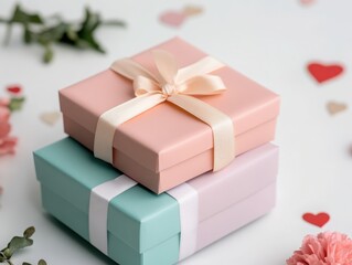 Obraz premium Beautifully wrapped gift boxes in pastel colors, surrounded by decorative elements, perfect for celebrations and special occasions.