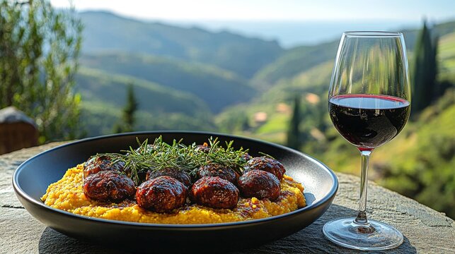 Corsican figatellu sausage with polenta and red wine overlooking Mediterranean hills