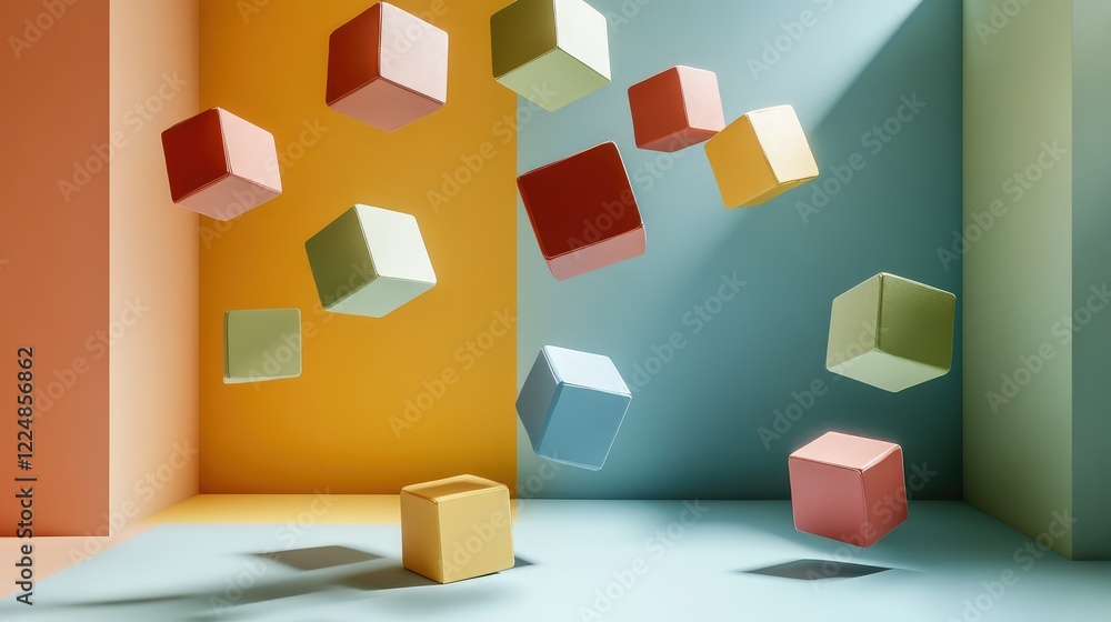 Poster colorful geometric 3d cubes floating in a vibrant studio setting, with playful shadows and light, cr