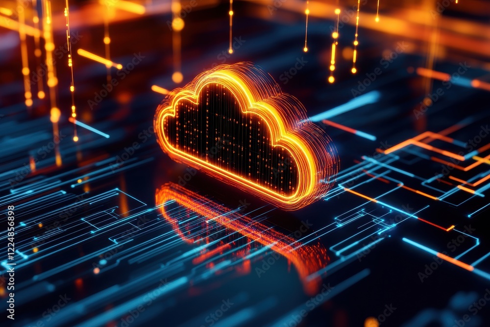 Poster futuristic cloud icon surrounded by vibrant digital lines, representing advanced data storage and cl