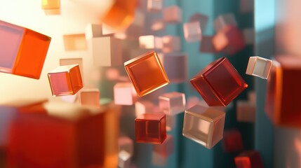 Colorful Abstract Composition of Floating Transparent Cubes in Warm Tones, Representing Modern Art and Dynamic Design Elements in a Bright Space