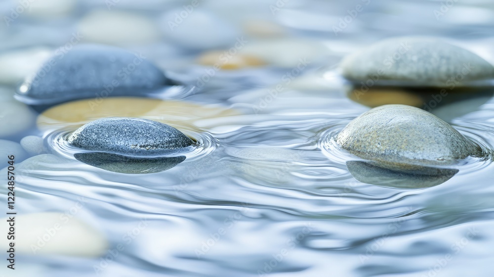 Poster tranquil water surface with smooth pebbles creating gentle ripples in a calm natural environment for