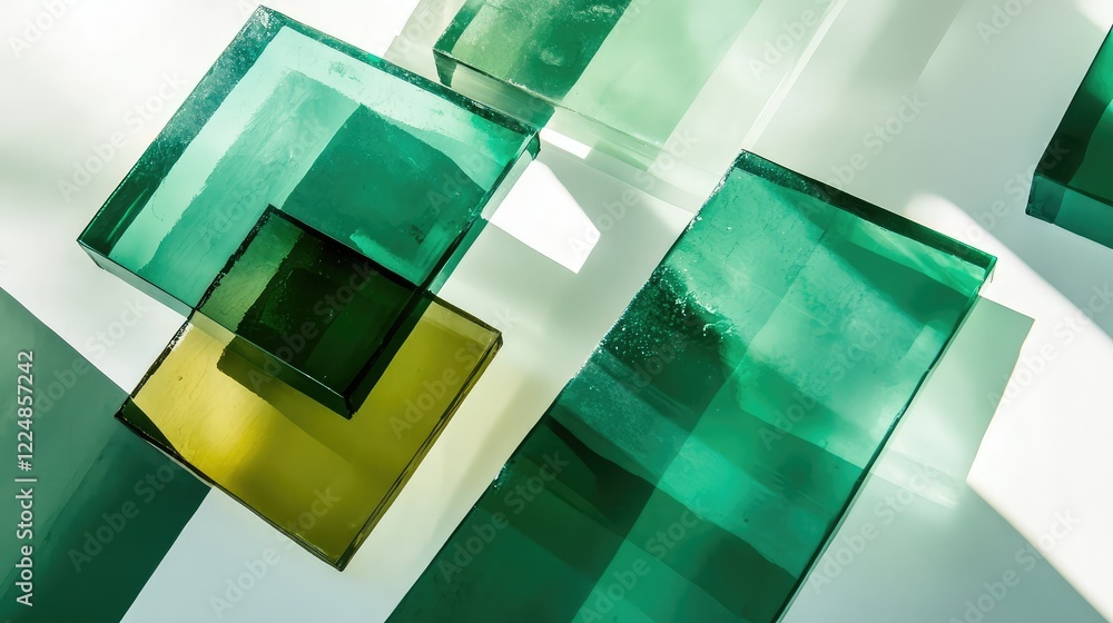Poster abstract composition of colorful geometric shapes in green glass displaying light reflections and sh