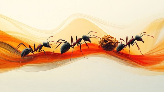 Four ants cooperatively carry food.