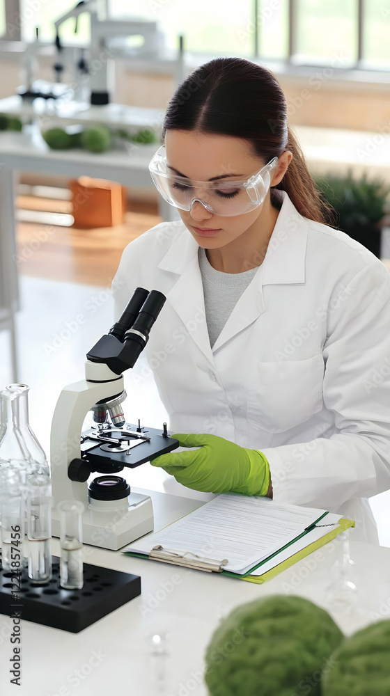 Aufkleber scientist analyzes sample under microscope in laboratory with precision and expertise.
