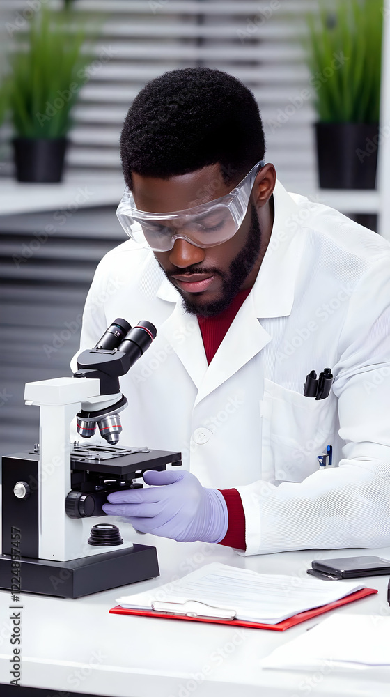 Poster scientist examines specimen under microscope in laboratory with precision and focus