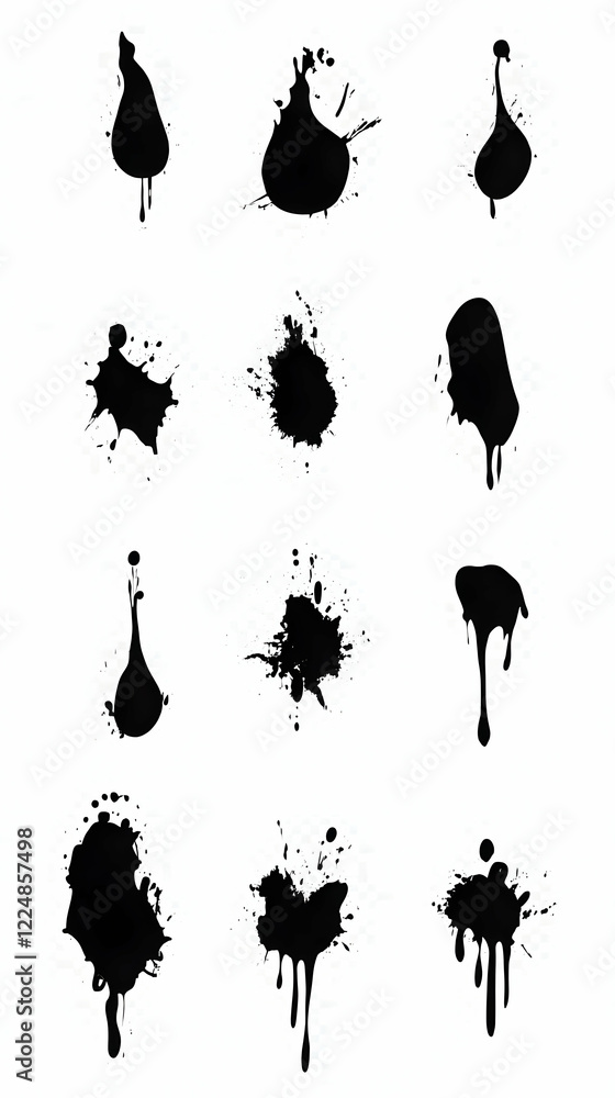 Aufkleber twelve black ink blots splashed and dripping dynamically on a white background