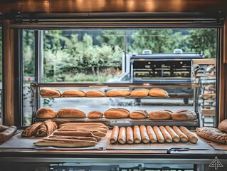 Fototapeta premium Freshly Baked Bread and Loaves Displayed Beautifully in Bakery Window Display Case