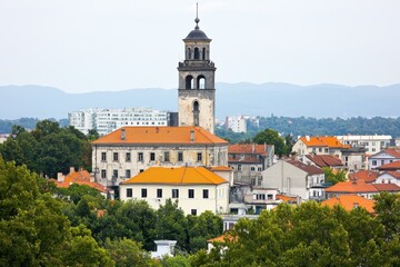 Fototapeta premium Picturesque European Cityscape with Historic Tower and Orange Roofed Buildings