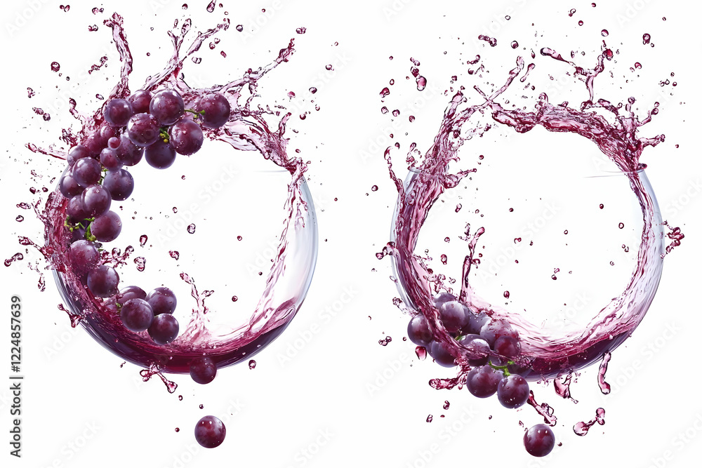 Poster red grapes splashing into glass with juice dynamically on white background