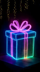 Neon Gift Box Shines Brightly Under Twinkling Lights, Festive Holiday Illustration
