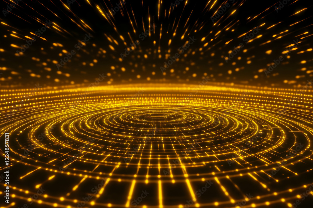 Poster golden circular grid with light rays shining upward dramatically in the dark