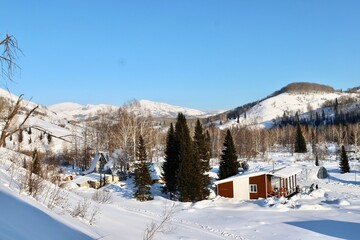 mountain view of a mountain village in the forest in winter