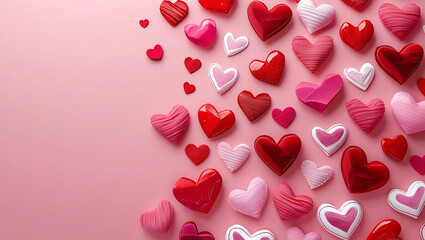 Obraz premium Romantic Valentine's Day Background with Red and Pink Heart Balloons on a Soft Pink Backdrop – Perfect for Love, Affection, February 14 Celebrations, Romantic Cards, Wedding Themes, and Heartfelt