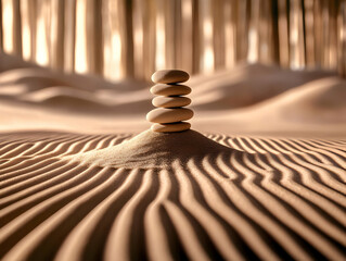 Obraz premium Stack of Balancing Stones Sits on Rippled Sand Dunes with Blurred Forest Background at Sunrise