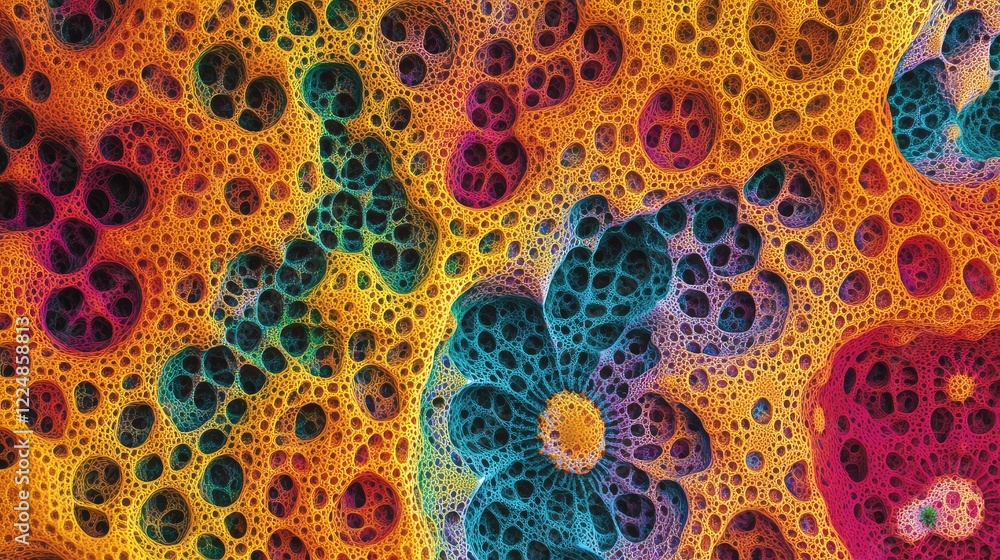 Poster abstract fractal design with vivid, glowing colors and intricate details, dynamic look