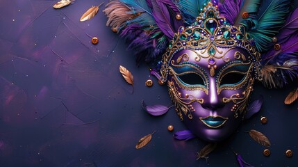 Flat lay purple silver carnival mask for carnival holiday background concept. Mardi gras background with copy space.
