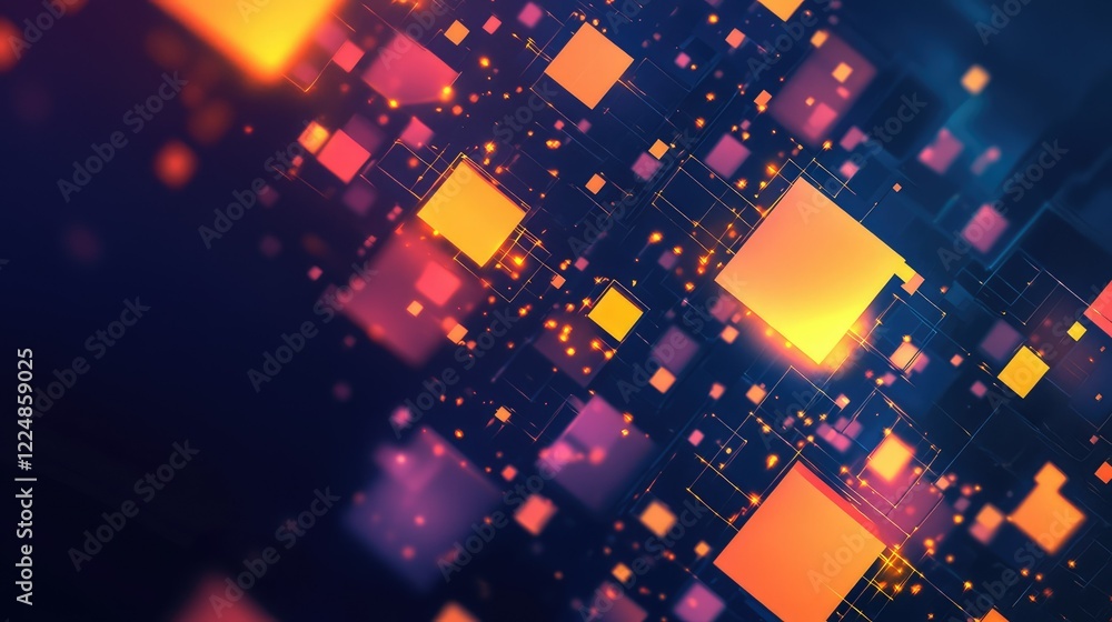 Poster Abstract Colorful Background of Floating Squares with Glowing Effects and Dynamic Patterns, Ideal for Technology, Digital Design, and Modern Art Projects