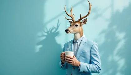 Fotobehang Deer in Suit Drinking Coffee Quirky Stock Photo © RIDEC