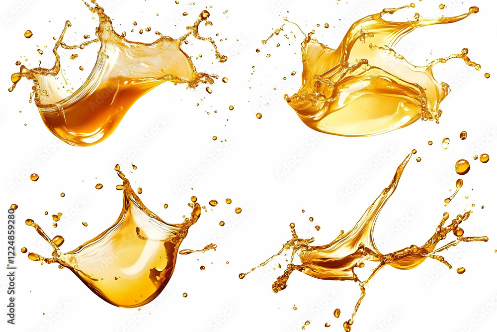 Poster four splashes of golden liquid dynamically explode on a white background