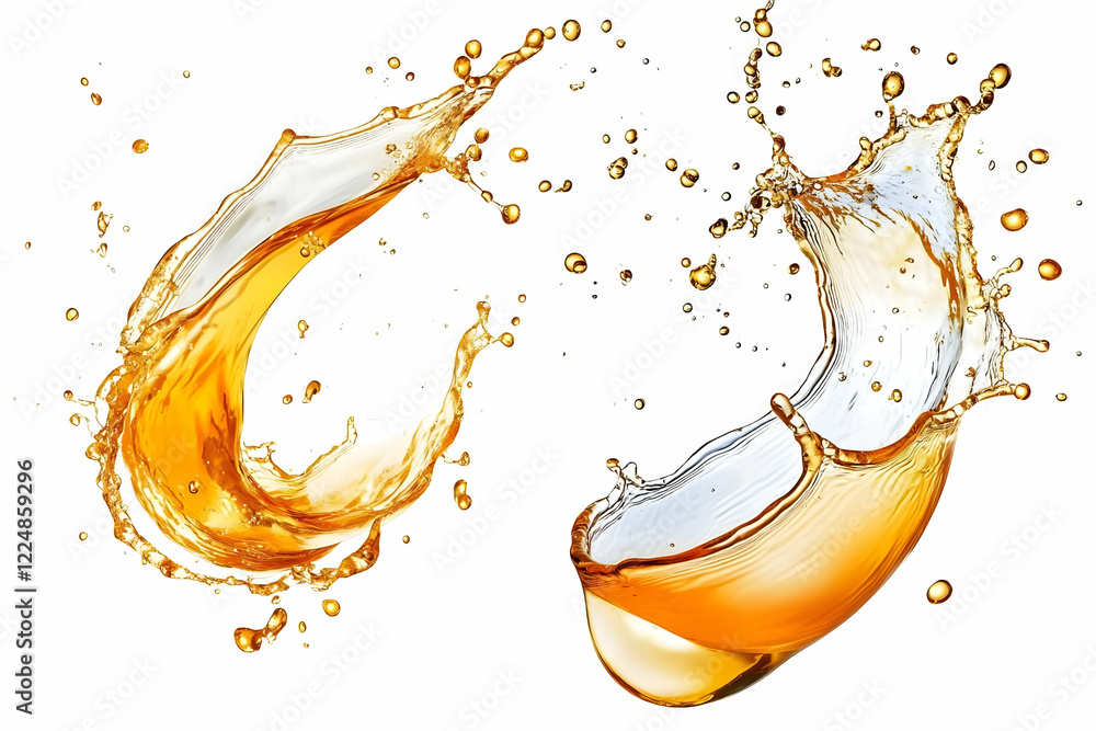 Poster two golden liquid splashes create dynamic forms and droplets on a white background