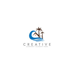 Obraz premium Palm tree wave travel logo set Wave beach palm logo design icon combination Vector illustration