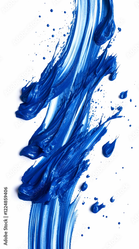 Poster blue paint strokes and splatters dynamically flow across a white canvas background.