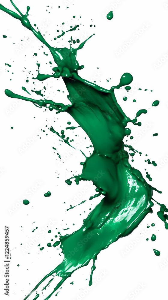 Poster dynamic splash of green paint explodes across a white background